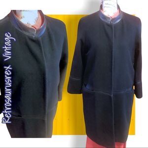 Etcetera Black Wool & Leather Stand Up Collar Peacoat, Size 12, Half Trench